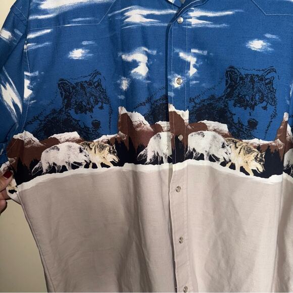 VNTG RARE WRANGLER pearl snap Western cowboy shirt with wolf print 2X - Picture 3 of 5
